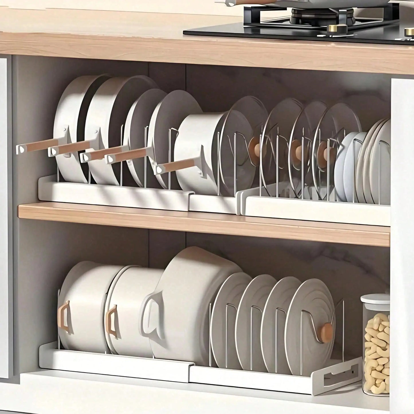 Heavy-Duty Pull-Out Pot Lid Organizer Rack, Under Cabinet Kitchen Organizer With 8 Adjustable Compartments, Space-Saving Kitchen Essentials, Sturdy Home Accessories, Fits Pots Pans Lids, Easy Install For Kitchen Restaurant Ho