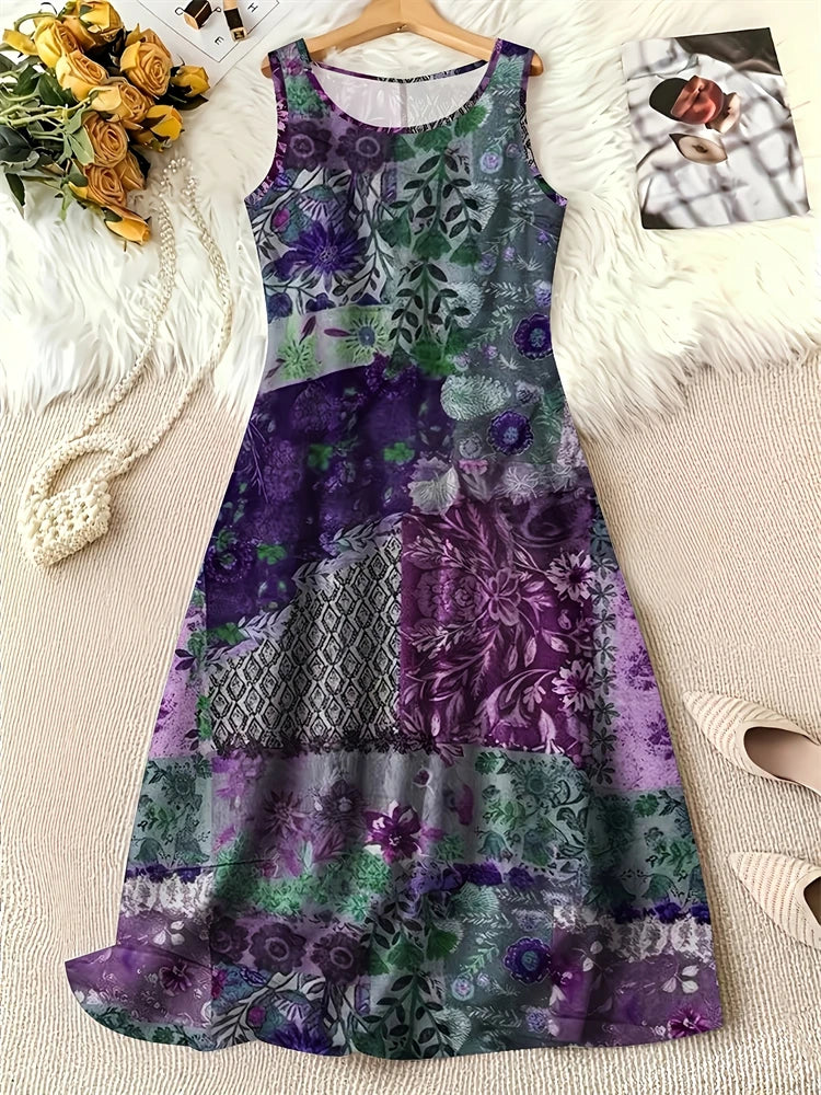 Summer Fashion Round-Neck Women's Dresses Botanical Floral Color-Blocked Patchwork Dresses Travel Party and Beach Dresses