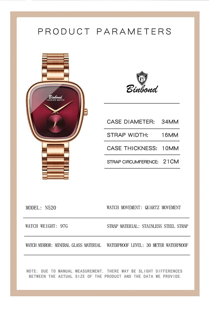 BINBOND Luxury Fashion Women's Watch Waterproof Stainless Steel Women's Watch Simple High Quality Quartz Watch Watches for Woman