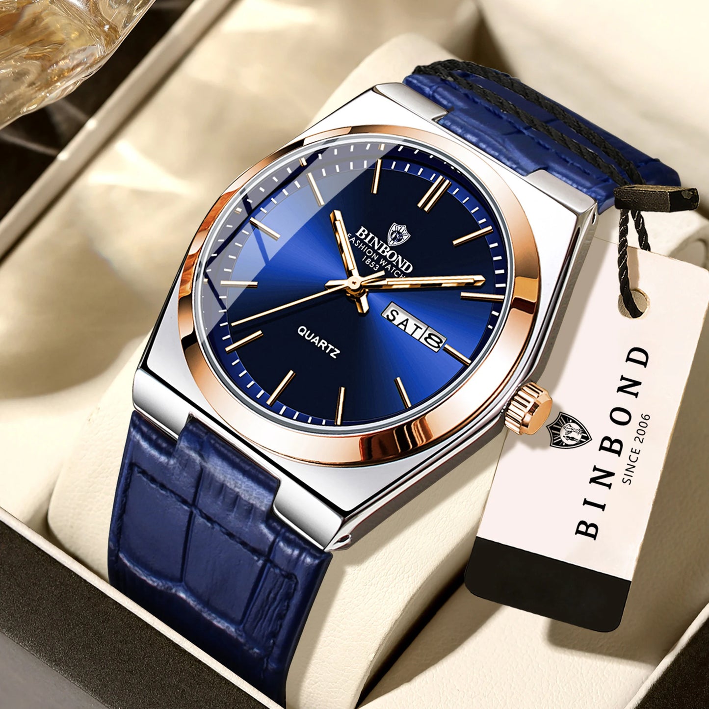 BINBOND Durable Men's Watch Reloj Leather Strap Luxury Quartz Wristwatches Precise Luminous Waterproof Auto Date Week Display