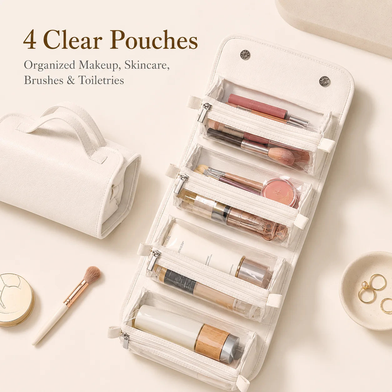 Travel Makeup Bag for Women on Business Trips, 4 Detachable Clear Pouches, Foldable Hanging Cosmetic Toiletry Organizer