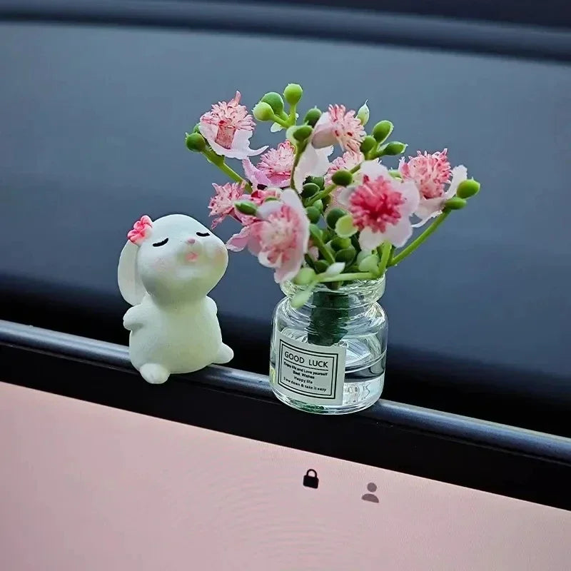 Cute Bunny Car Air Freshener Mini Vase Ornament Auto Center Console Smart Screen Floral Fragrance Pendant Decor