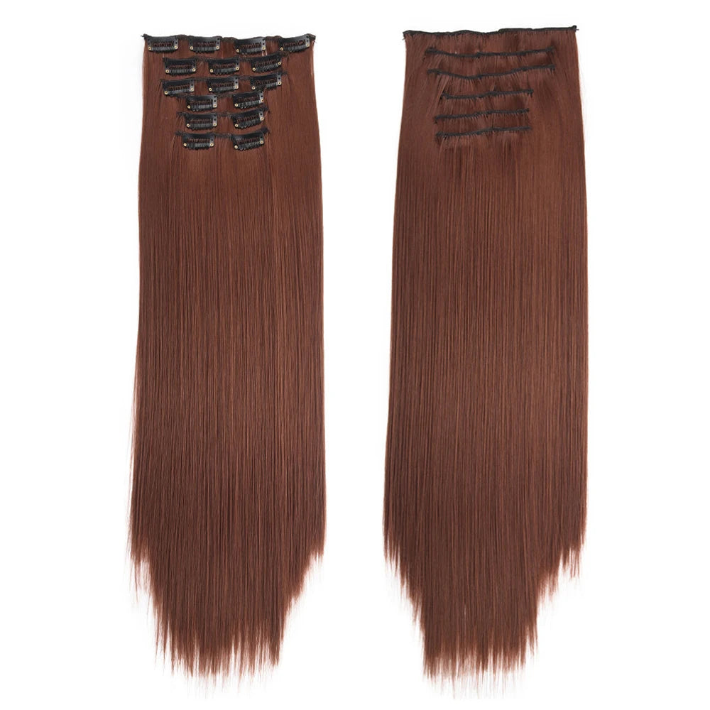 16 Clips in Hair Extensions 24Inchs Long Straight Hairstyle Synthetic Blonde Black Hairpieces Heat Resistant Fake Hair 6Pcs/Set