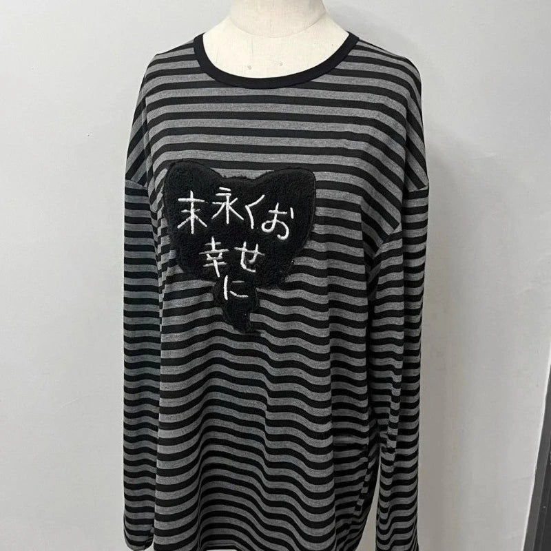 Punk Vintage O Neck Long Sleeve Shirts Striped Design Harajuku Embroidery Tops Y2k Autumn Winter Loose Casual Base Layer T-shirt