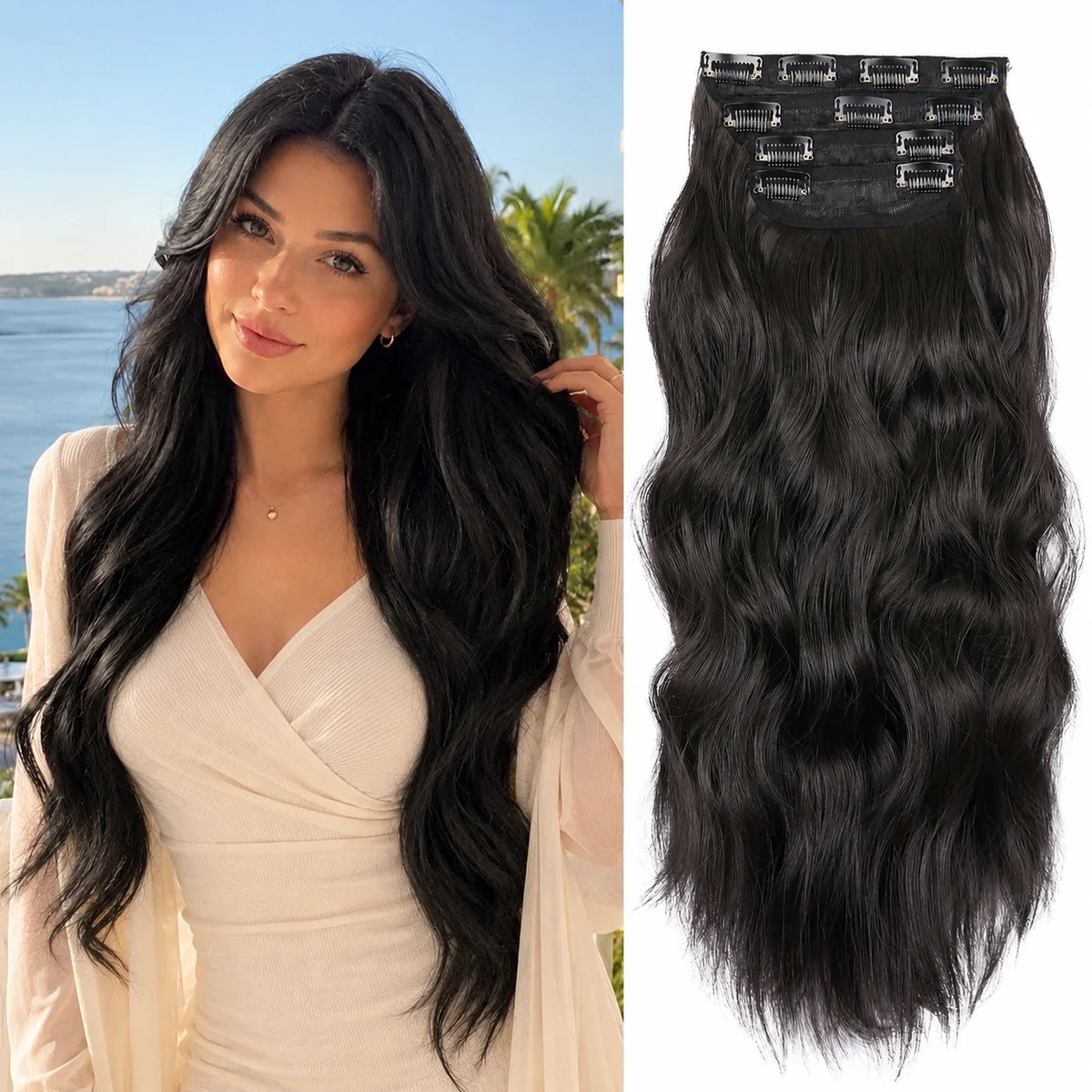 4Pcs/Set 20Inch Synthetic Hair Clip In Long Wavy Thick Hairpieces For Women Full Head Synthetic Hair Extensions Ombre Hairpieces