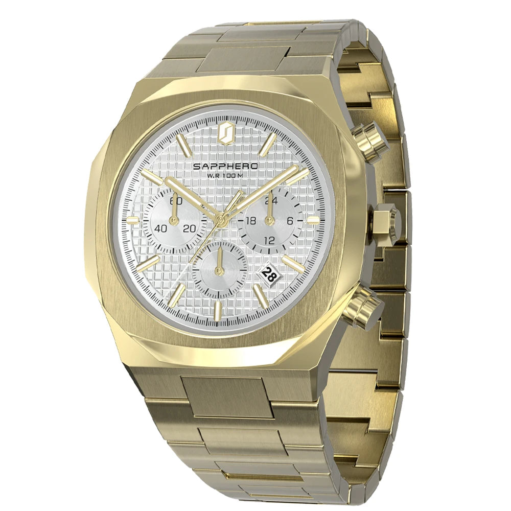 SAPPHERO Men's Luxury Quartz Watch with, Stainless Steel Case, Chronograph, Date Display, 10ATM Waterproof Wristwatch