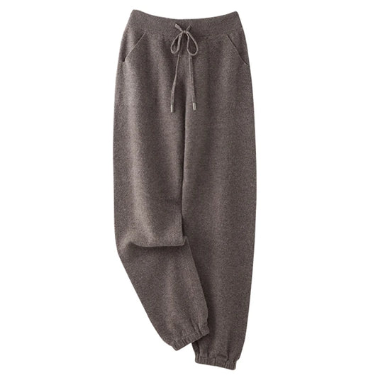 Women's Wool Pencil Pants Drawstring Elastic Waist Trousers Autumn Winter Solid 100% Merino Wool Knitted Cashmere Pockets Pants