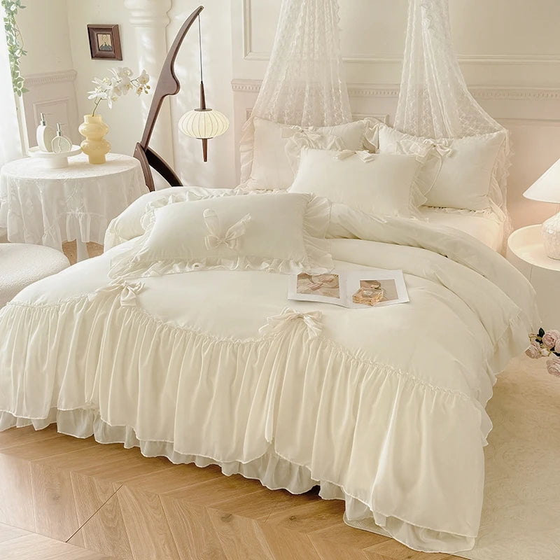 3pcs White Bedding set ruffles Duvet Cover Set (1*Duvet Cover + 2*Pillowcase, Without Core)for bedroom guest room