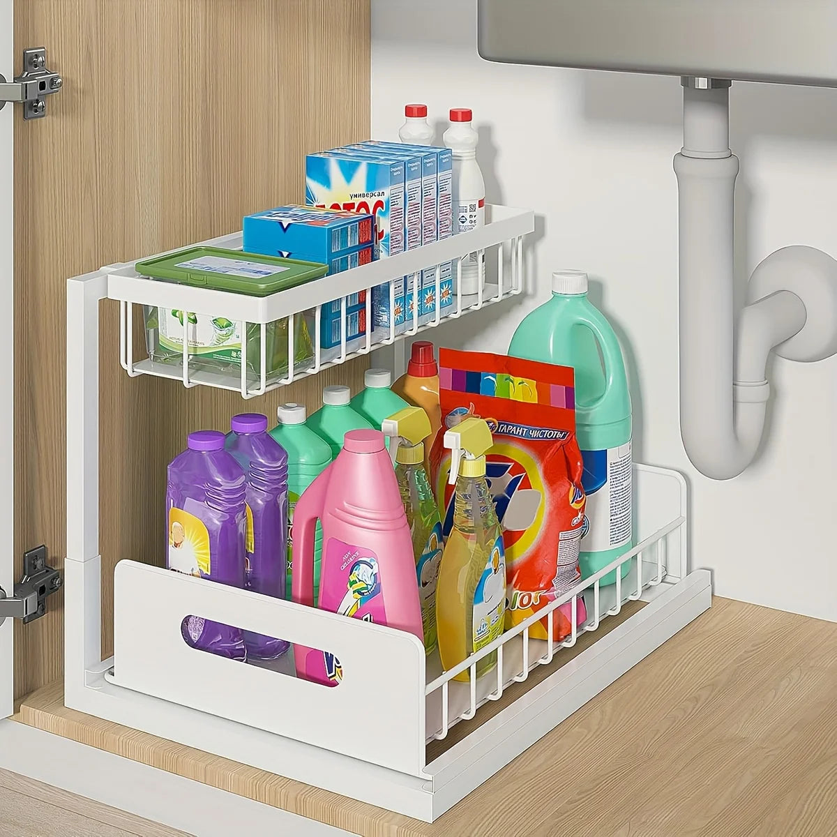 Under Sink Slide-Out Storage Rack, Metal Pull-Out Drawer Organizer for Kitchen & Bathroom