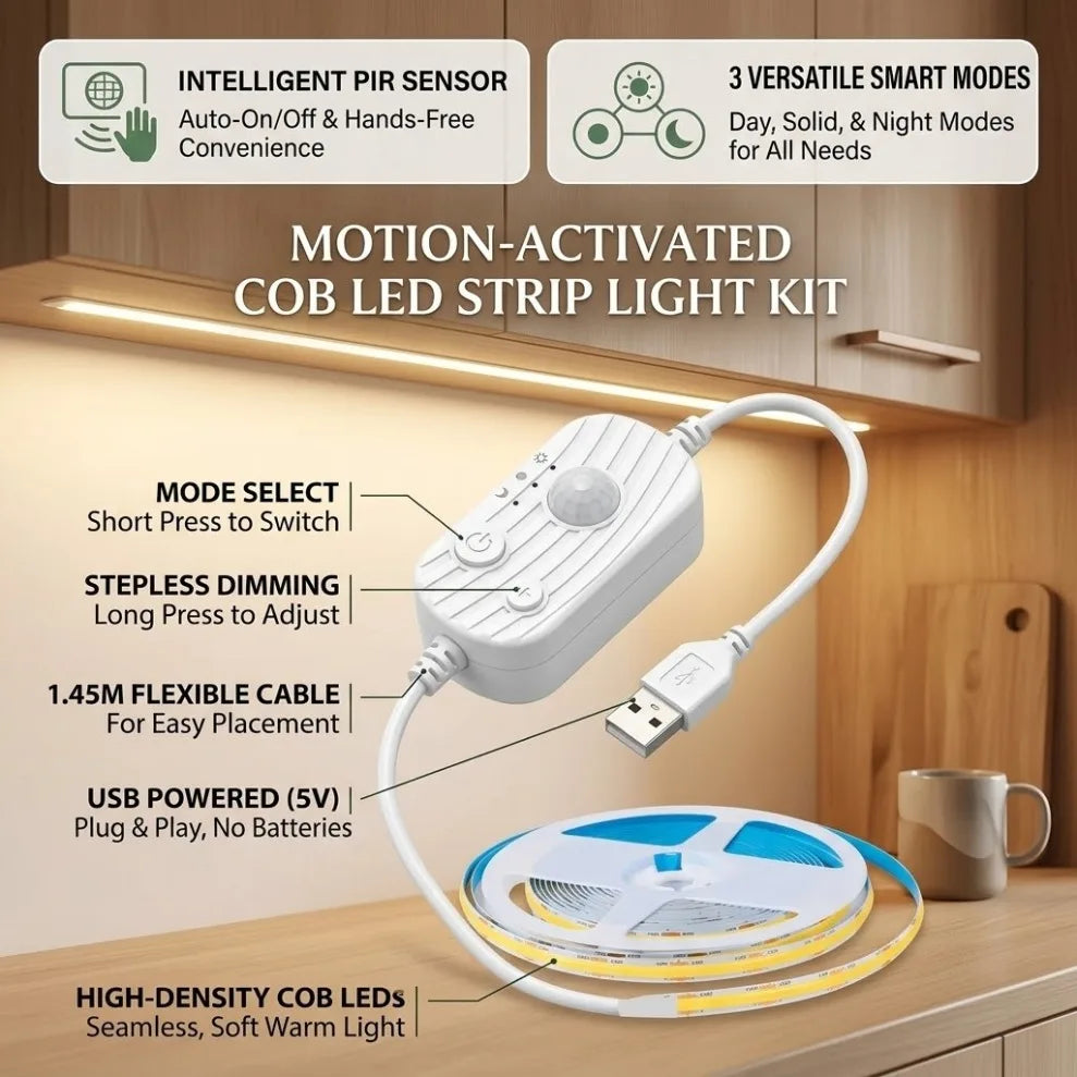 USB Motion Sensor 8mm COB LED Strip DC5V 3 Modes Dimmable Induction Night Light for  Bedroom TV Backlight Kitchen Cupboard Decor
