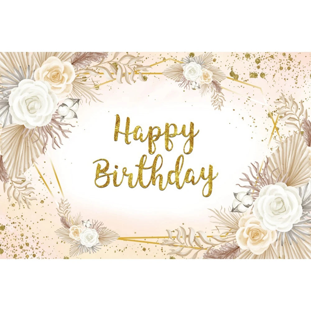 Happy Birthday Backdrop Gold Frame Frame Flower Butterfly Baby Shower Adult Anniversary Birthday Party Photography Background