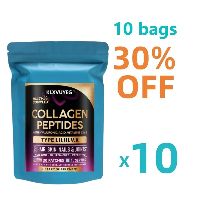 KLXVUYEG Collagen Peptides - Hydrolyzed Types I, II, III, V & X, with Hyaluronic Acid, Vitamins C & E - Skin, Hair, 30 Patches