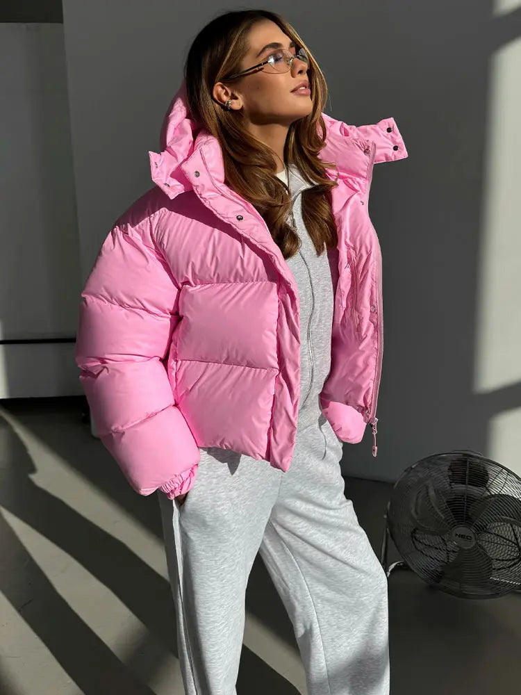 Women's Glossy Shiny Hooded Zip Cropped Puffer Jacket Oversized Loose Fit Long Sleeve Elastic Cuff Padded Warm Casual Winter Top