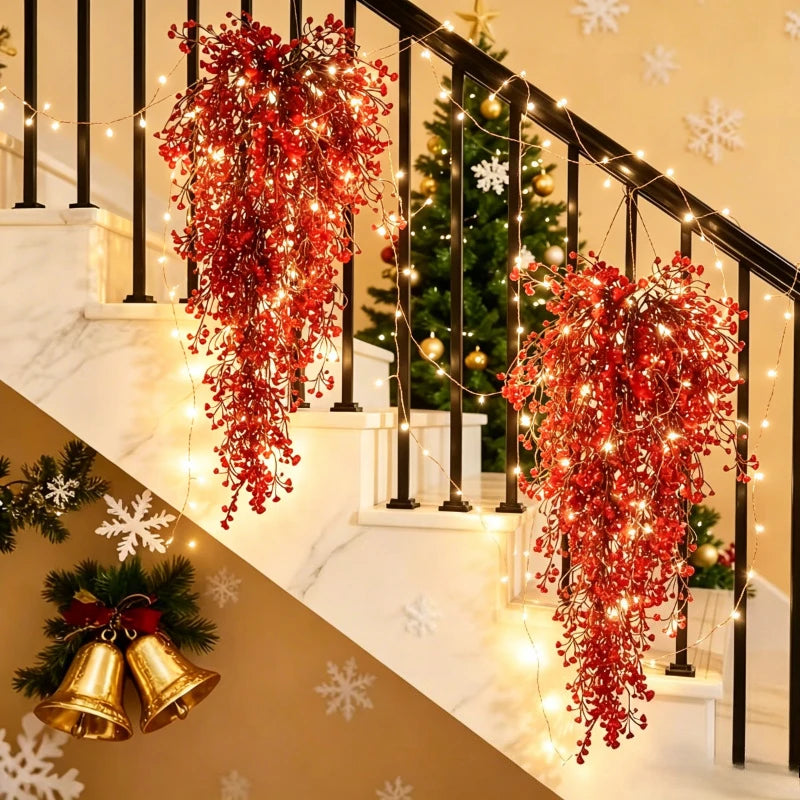 2Set Led Artificial Hanging Plants Garland Red Ferns Fake Ivy Plant with Light for Christmas Home Wedding Party Garden Decor