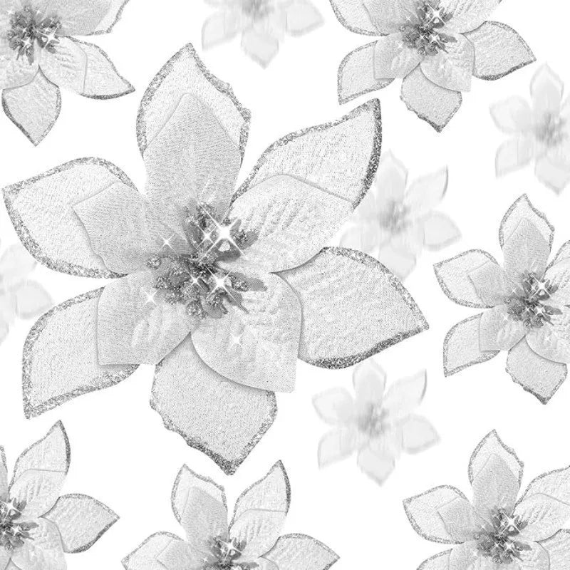 5Pcs Christmas Glitter Poinsettia Flowers Artificial Berry Christmas Tree Ornament for Xmas Wreath Floral New Year 2026 Decor