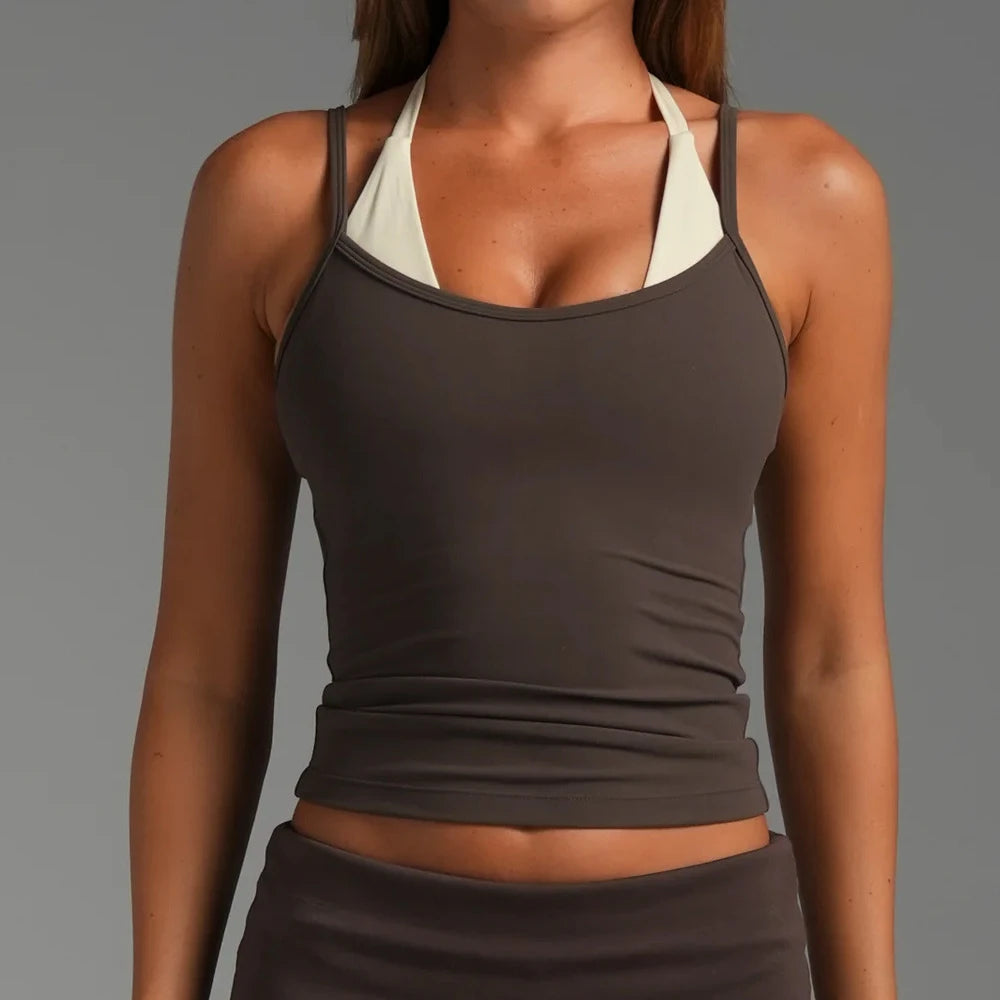 Women Color Block Sleeveless Tank Top Quick Dry Fake Two Piece Sports Bra Running Gym Pilates Yoga Workout Top