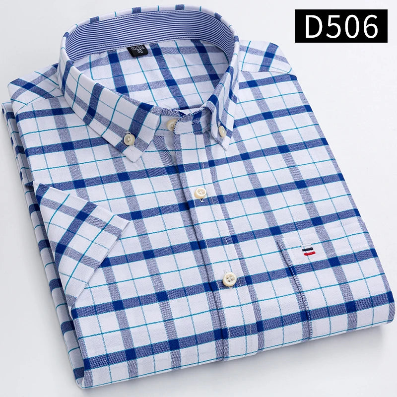 Plus Size 7XL Summer Short Sleeve Shirt 100%Cotton Shirts for Men White Plaid Striped Social Slim Fit Formal Business Clothing