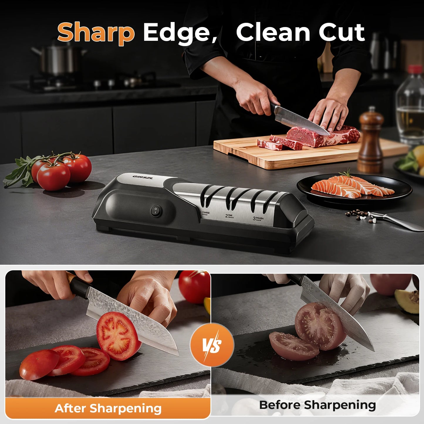 One Touch Electric Knife Sharpener, Safe Family Use Knife Sharpener with Fixed 15° Angle Protects Chef Knives, Diamond Wheel & Quiet Pure Copper Motor, Sharpen Kitchen Steak Paring Straight Ceramic Knives