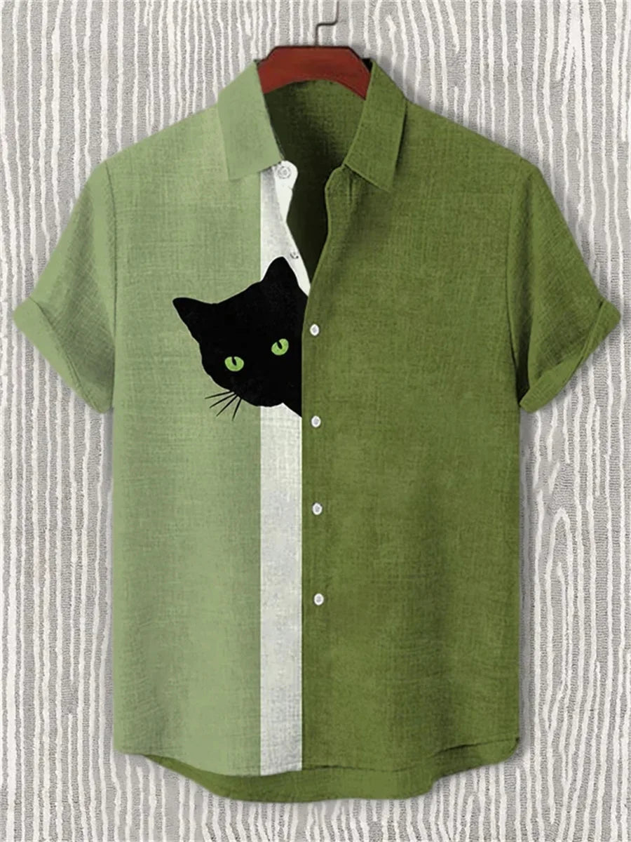 Men's blue and white color-blocked short-sleeved shirt with black cat print, collared casual outdoor vacation Hawaiian shirt.