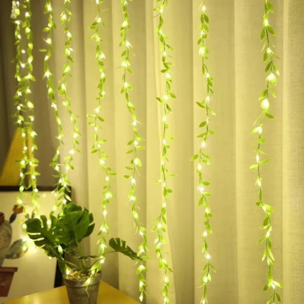 2/5M 20Light Willow Leaf String Lights Always on Battery Box Willow Curtain Lamp Artificial Flowers Desktop Decoration
