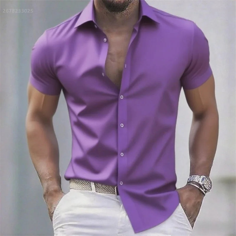 Solid color men's casual shirt, fashionable casual short sleeve stretch fabric, business formal shirt, comfortable fabric