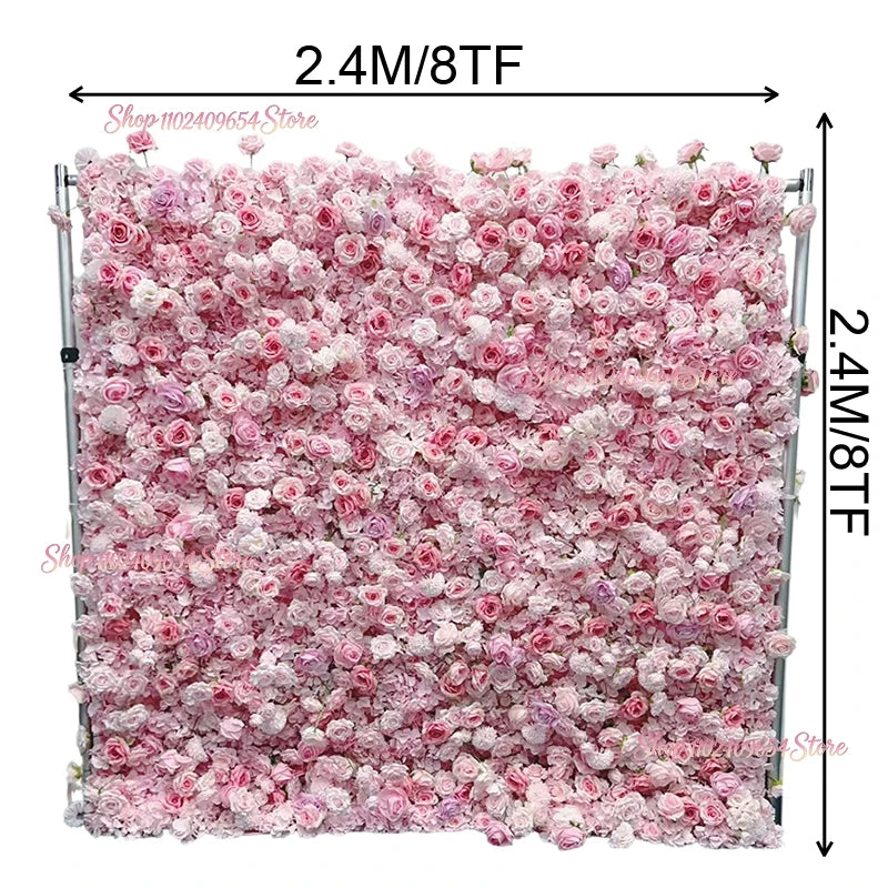 8ft/3.2ft Pink Flower Wall Artificial Silk Rose Backdrop For Wedding Decor Party 5D Floral Wall Roll Up Hanging Event Props