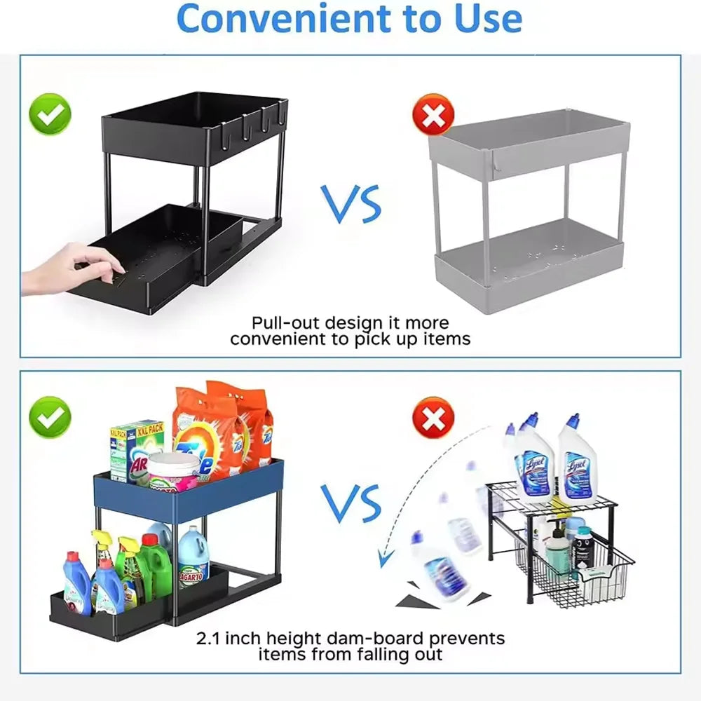 2 Tier Under Sink Organizer Sliding Cabinet Basket Organizer Storage Rack with Hooks Hanging Cup Bathroom Kitchen Organizer