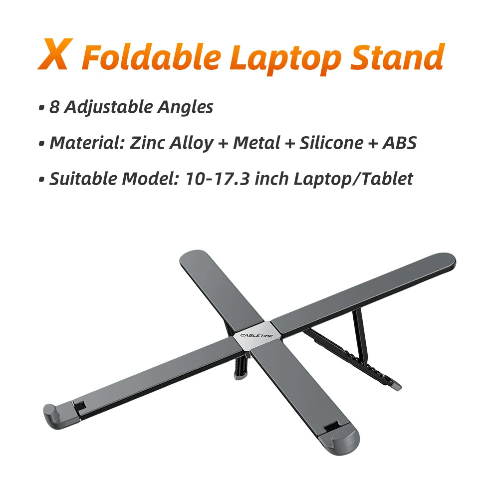 CABLETIME Laptop Stand X Foldable 8 Adjustable Angles Portable Adjustable Laptop Riser for 10–17.3 Inch Laptops Macbook Ipad