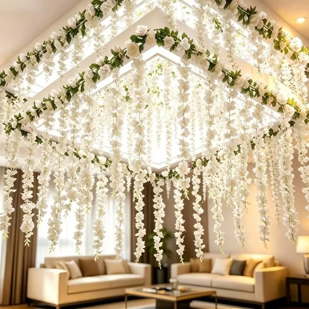 Greenery 250cm Artificial White Rose Vine 3D Bushy Hanging Rattan Flower Easy-to-hang Fake Plant Garden