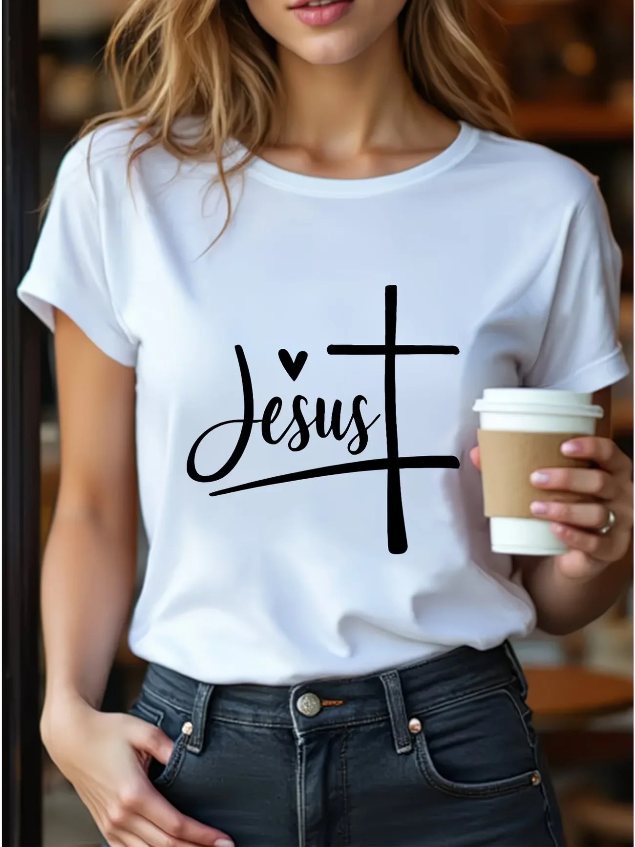 Crew Neck Short Sleeve Jesus Cross Print T Shirt Women's Outfits Casual Streetwear Retro T shirts For Lady