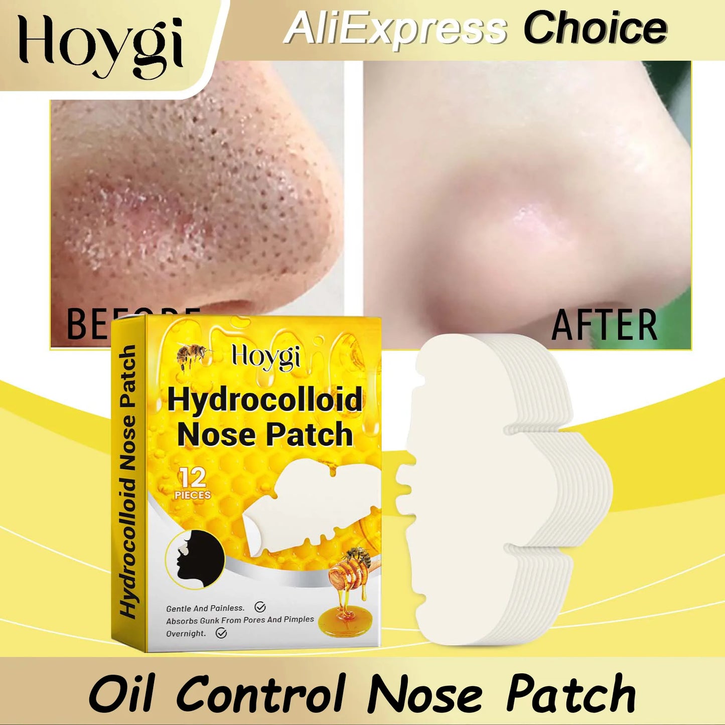 HOYGI 12-60PCS Hydrocolloid Nose Patches Blackhead Removal Nose Patch Deep Cleansing Pimples Pores Shrinking Skin Care Mask
