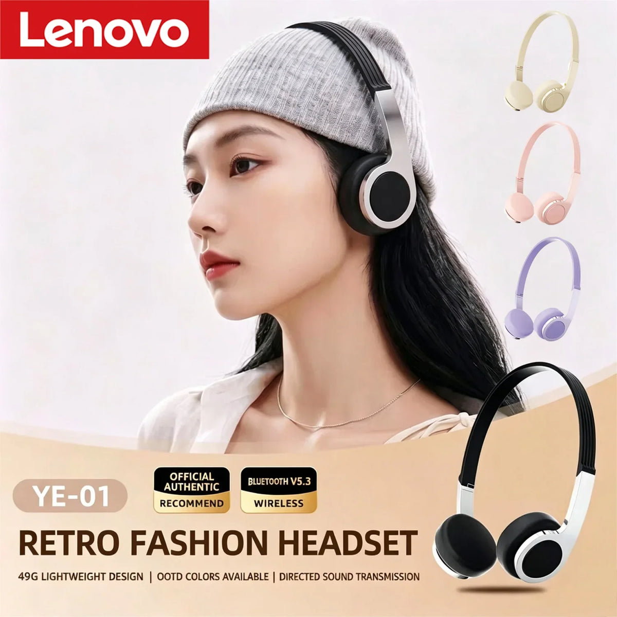 Lenovo New Retro Compact Over-Ear Bluetooth Headphones Perfect for Photos with Wireless Bluetooth Headphones in Macaron Colors