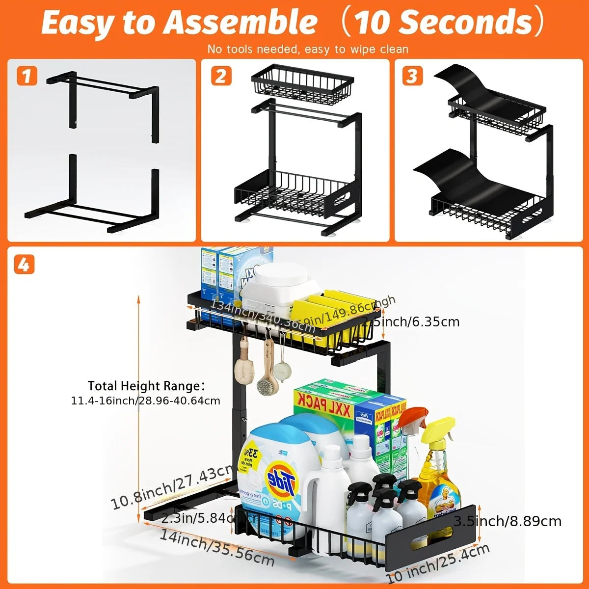 Under Sink Slide-Out Storage Rack, Metal Pull-Out Drawer Organizer for Kitchen & Bathroom