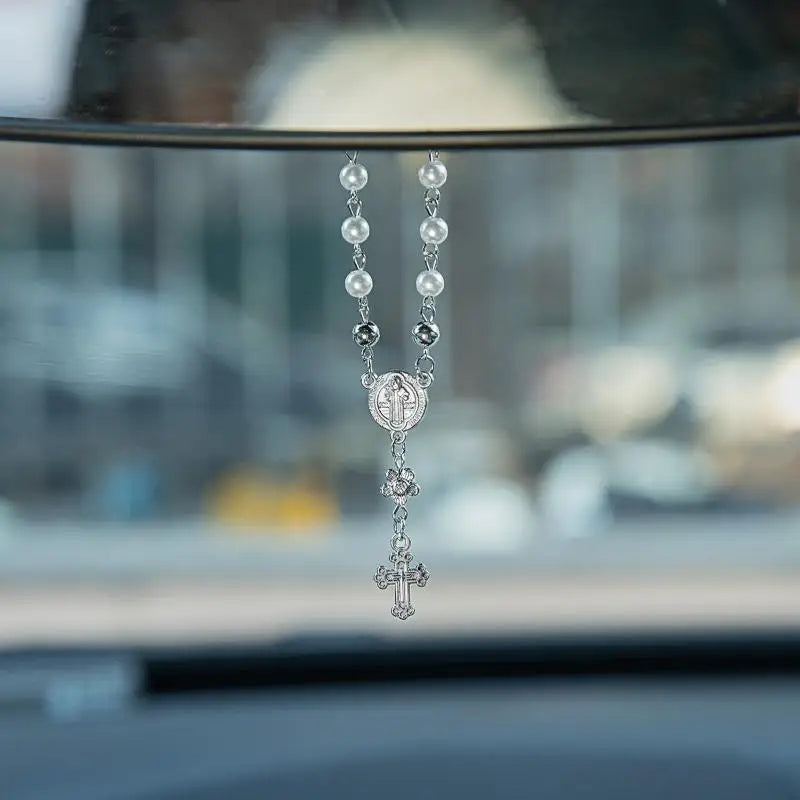 Car Pendant Rosary Ornament  Cross Steering Wheel Beads Decorative Faith Accessory for Auto Rearview Mirror