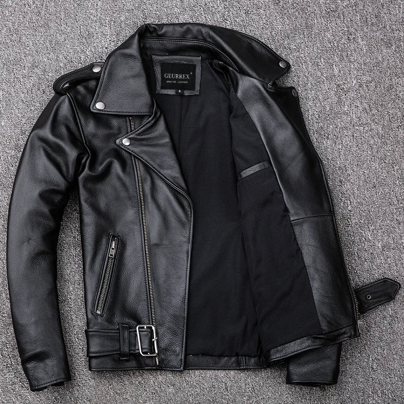 Spring Classical Motorcycle Oblique Zipper Jackets Men Leather Jacket Natural Calf Skin Thick Slim Cowhide Moto Jacket Man