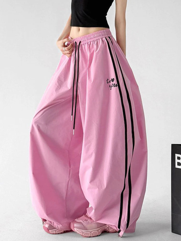 Hip Hop Striped Cargo Pant Women Streetwear Vintage Y2K Parachute Pants Loose Summer American Bf High Waist Letter Trousers New
