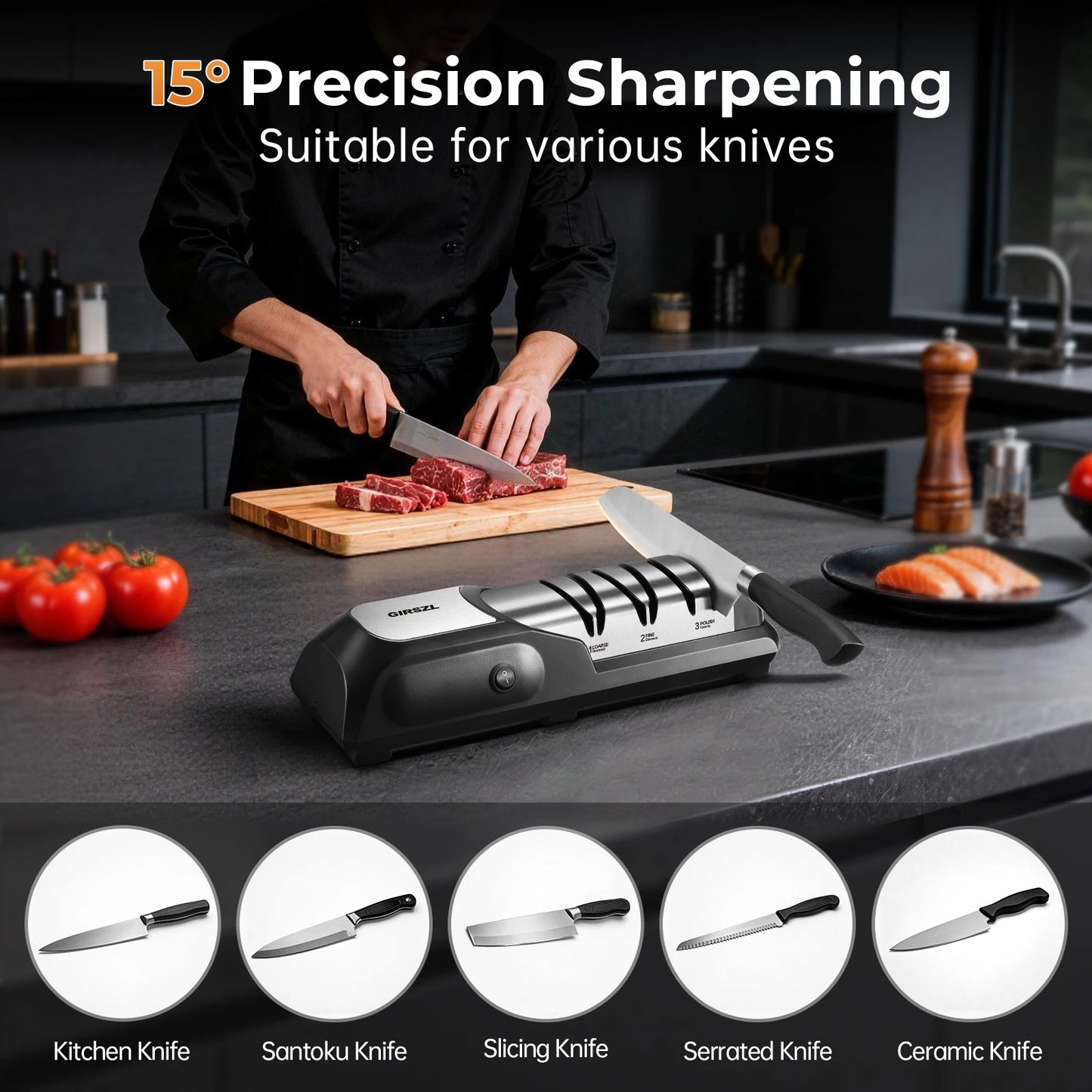 One Touch Electric Knife Sharpener, Safe Family Use Knife Sharpener with Fixed 15° Angle Protects Chef Knives, Diamond Wheel & Quiet Pure Copper Motor, Sharpen Kitchen Steak Paring Straight Ceramic Knives