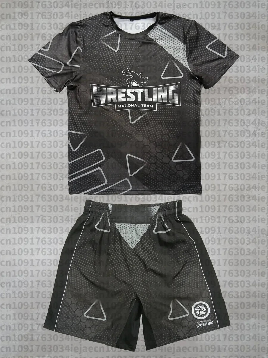 2026 New Summer Men United World Wrestling Sportswear Set Short Sleeve T Shirt and Shorts for MMA Training Lightweight