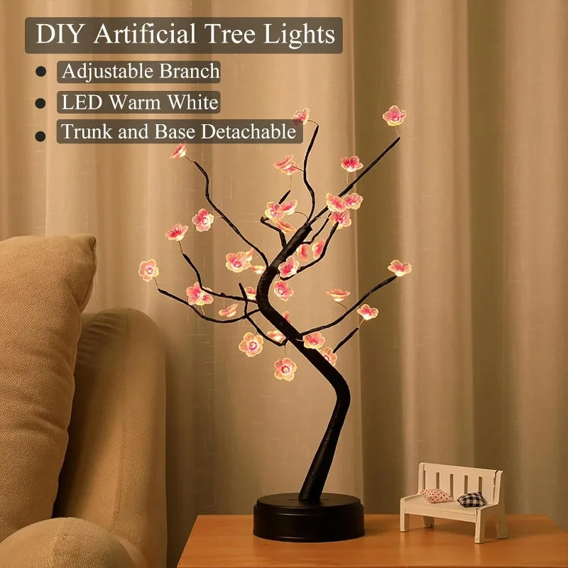 Table Tree Night Light USB/Battery Powered Touch Switch Artificial Bonsai Cherry Blossom Desktop Tree LED Lamp Light Decoration