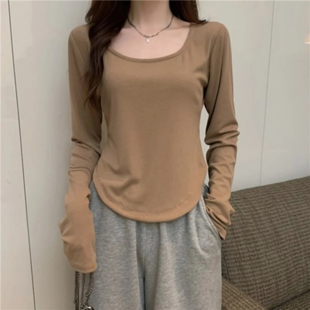 Square Neck Long Sleeve T-Shirt Women Spring Autumn New Irregular Hem Slim Casual Top Solid Bottom Shirts New Korean Streetwear