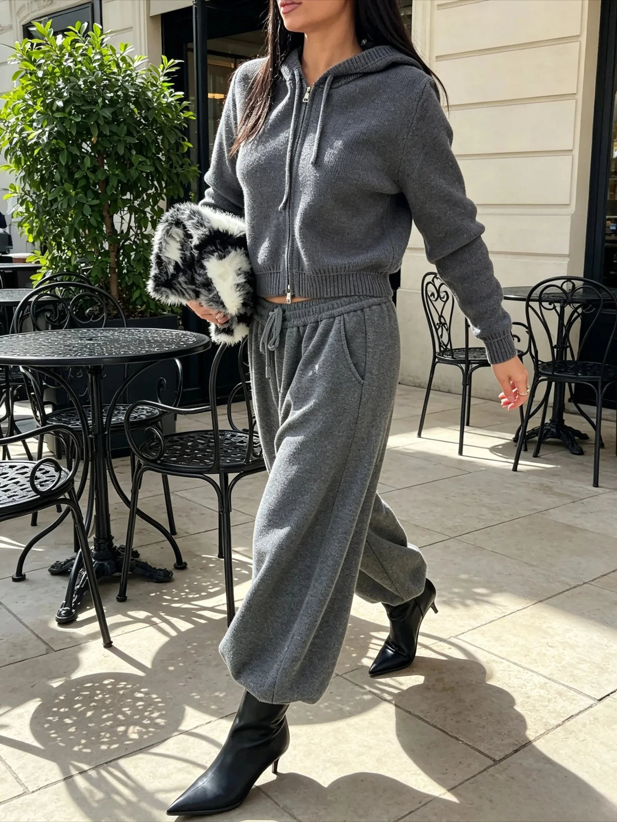 Bornladies Women's Two-piece Knitted Fashionable Zipper Drawstring Cut Hoodie and Pants Set Casual Home Wear Daily Winter Outfit