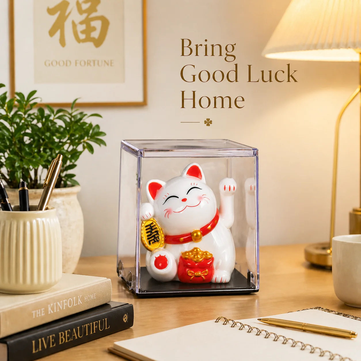 White Solar Maneki Neko | Waving Lucky Cat Figurine | Miniature Home Decor | Solar-Powered, Energy-Saving | Perfect Gift