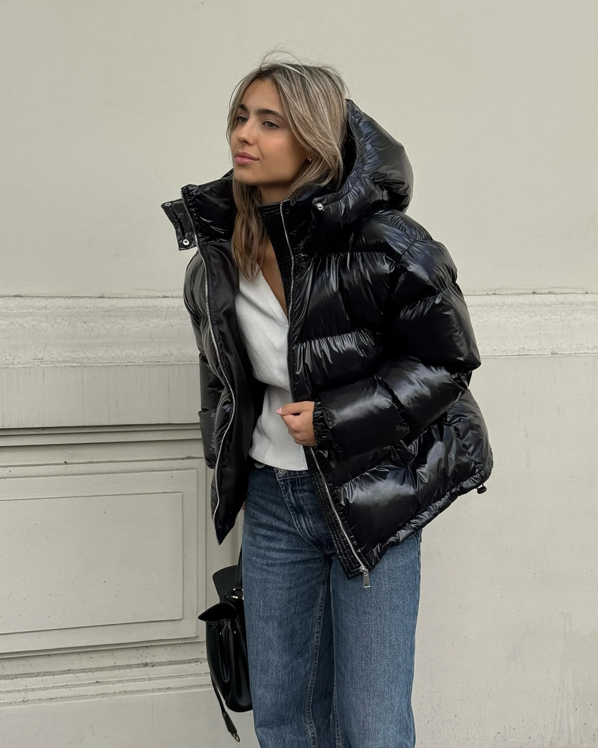 Women Solid Hooded Glossy Padded Jacket Long Sleeve Stand Zipper Fluffy Warm Coat Autumn Winter 2025 Chic Casual Street Jackets