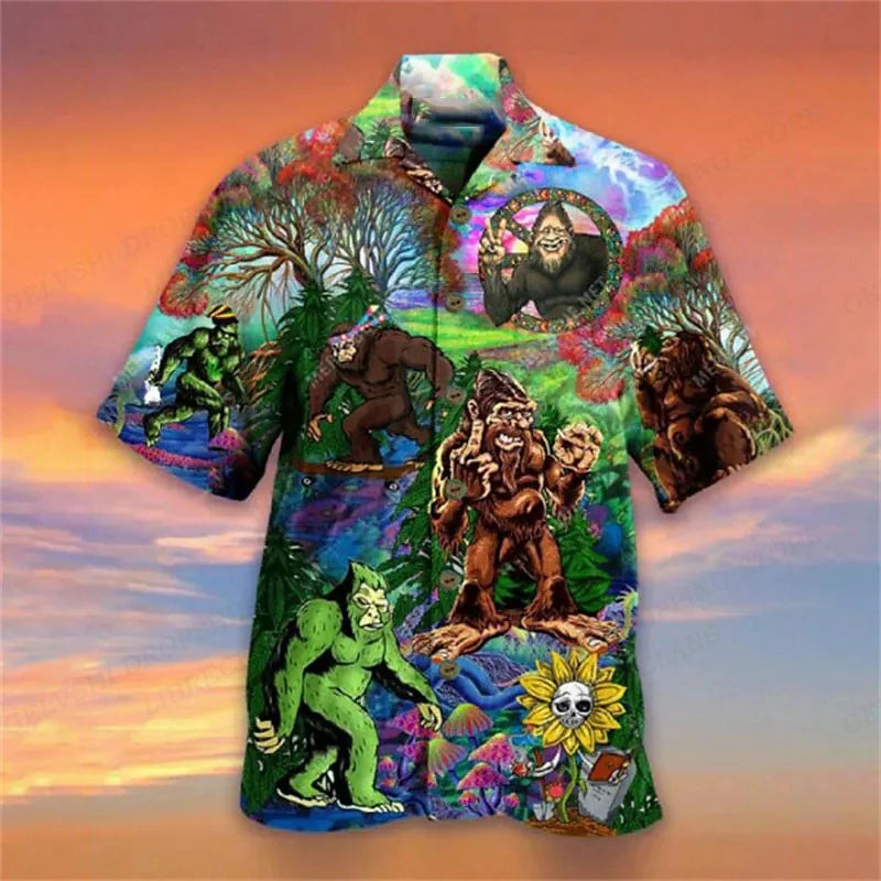 Men's Shirt Vocation Bus 3d Print Men Fashion Shirts Single-Breasted Short Sleeve Hawaiian Beach Dart Blouse Clothes