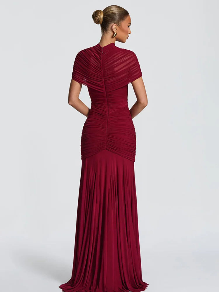 Rinabe Women Short Sleeve Maxi Dress Sexy Solid Color Mesh Ruched Bodycon Long Dress Hollow Out Pleated Turtleneck Evening Dress