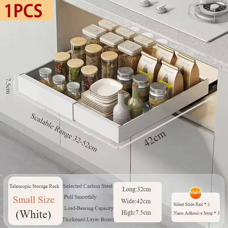 Pull Out Cabinet  Storage Rack with Adhesive Expandable Slide out Drawers for Kitchen Under Sink Organizer , Storage Shelf