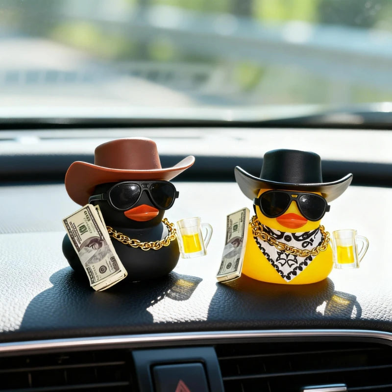 Cute Fortunate Rich Duck Car Dashboard Decoration Yellow Black Duck with Cowboy Hat Scarf Bottle for Women Men Car Ornament