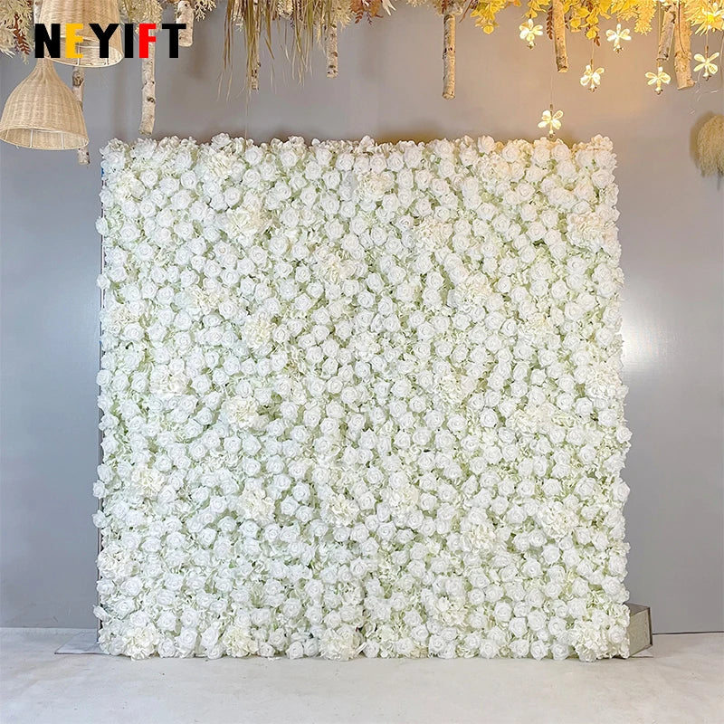 5D White Rose Cloth Flower Wall Artificail Fabric Roll Up Hydrangea Floral Wall Wedding Backdrop Decor Hang Curtain Photo Props