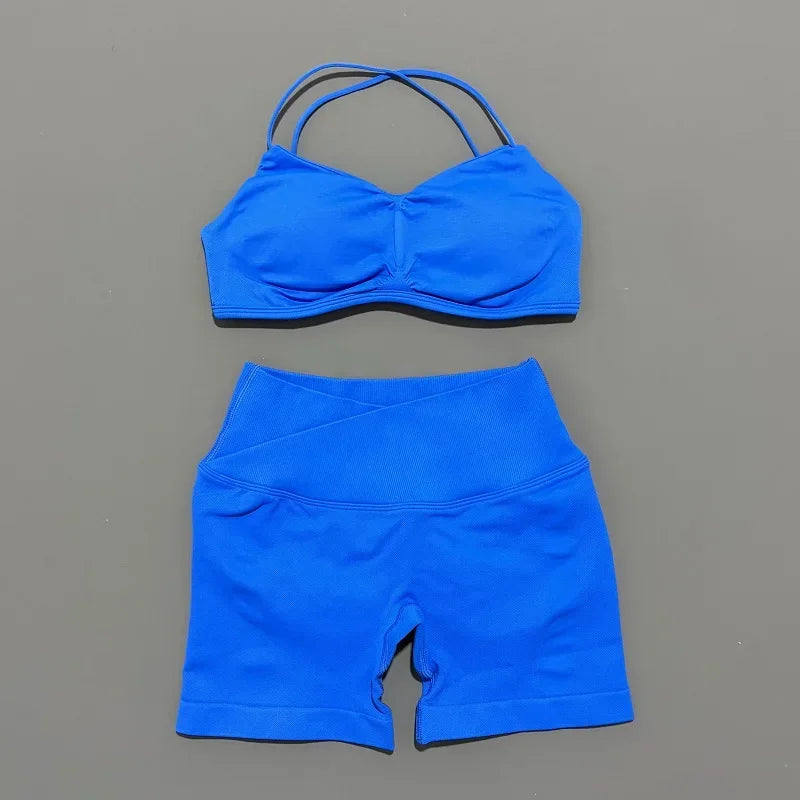 2 Piece Yoga Set Women Criss‑Cross Back Straps Bralette Crossover Waist Yoga Shorts Buttery-Soft Gym Training Workout Activewear