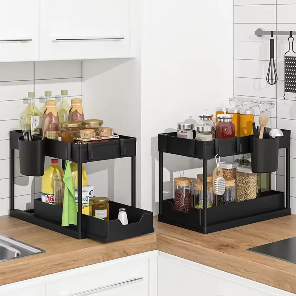 2 Tier Under Sink Organizer Sliding Cabinet Basket Organizer Storage Rack with Hooks Hanging Cup Bathroom Kitchen Organizer